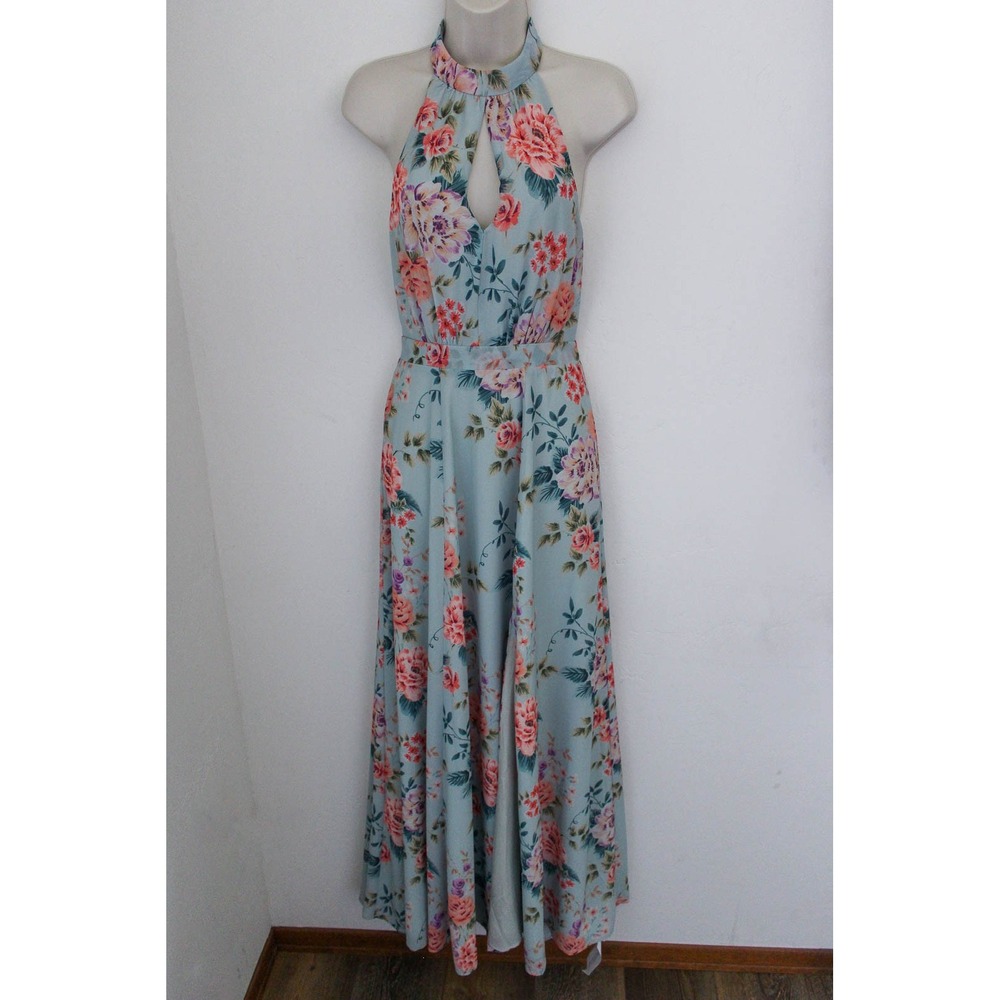 Yumi Kim Maxi Dress Small Blue Floral High Demand Halter Keyhole Neck Open Back